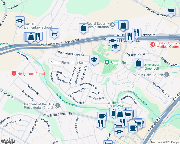 map of restaurants, bars, coffee shops, grocery stores, and more near 6102 Hill Forest Drive in Austin