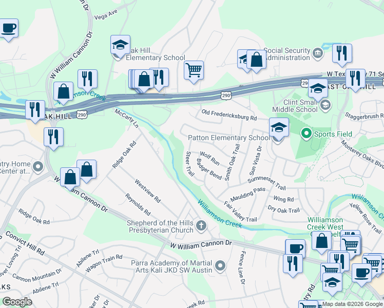map of restaurants, bars, coffee shops, grocery stores, and more near 5415 Badger Bend in Austin