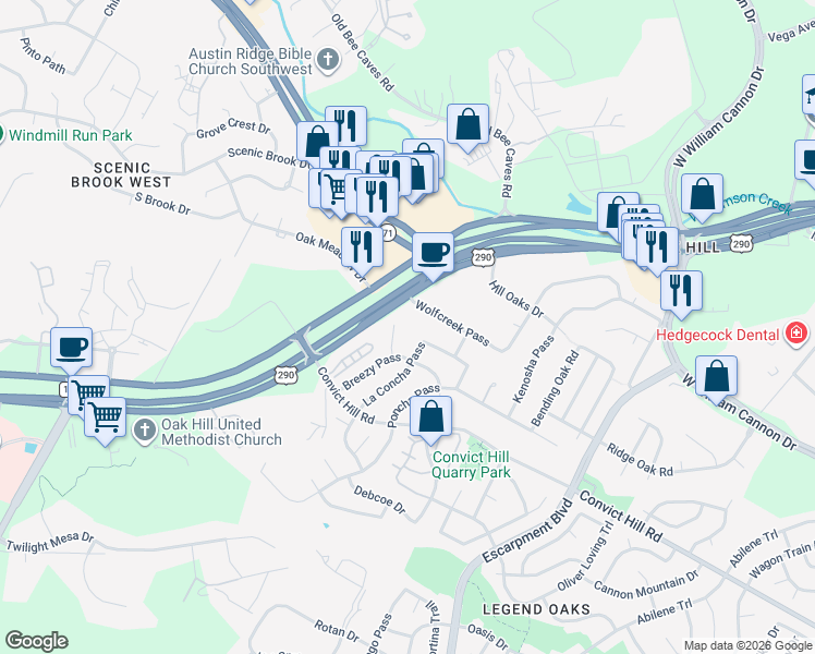 map of restaurants, bars, coffee shops, grocery stores, and more near 6714 La Concha Pass in Austin
