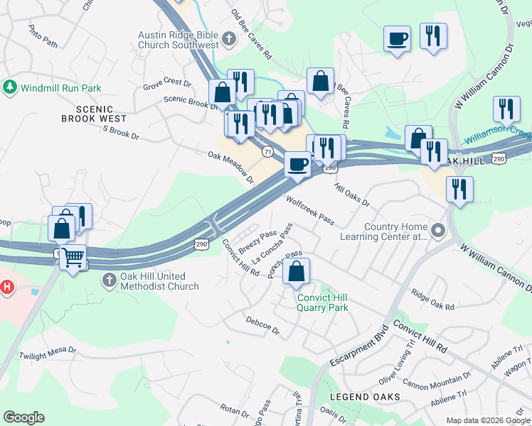 map of restaurants, bars, coffee shops, grocery stores, and more near 7000 Convict Hill Road in Austin