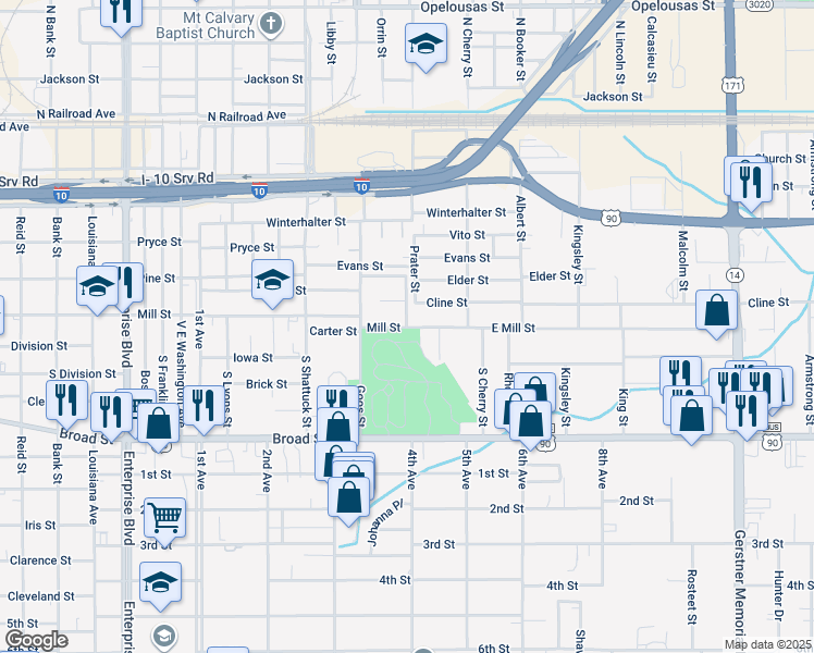 map of restaurants, bars, coffee shops, grocery stores, and more near 598 Chandler St in Lake Charles