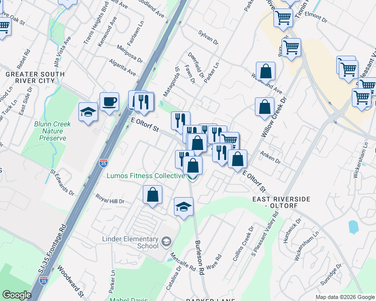 map of restaurants, bars, coffee shops, grocery stores, and more near 2305 Burleson Road in Austin