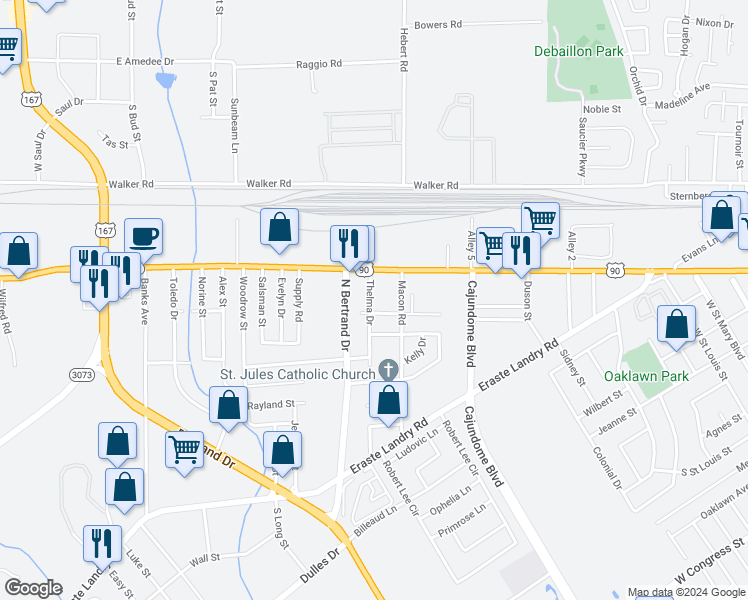 map of restaurants, bars, coffee shops, grocery stores, and more near 113 Thelma Drive in Lafayette