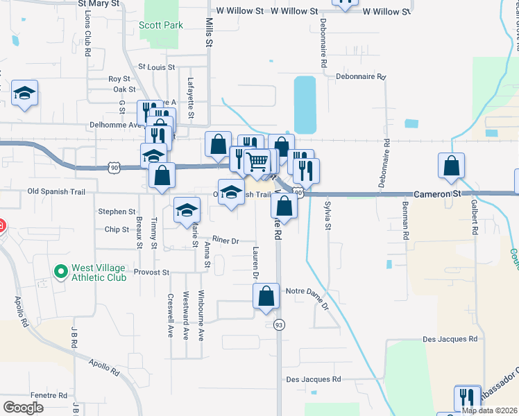 map of restaurants, bars, coffee shops, grocery stores, and more near 417 Lauren Drive in Scott