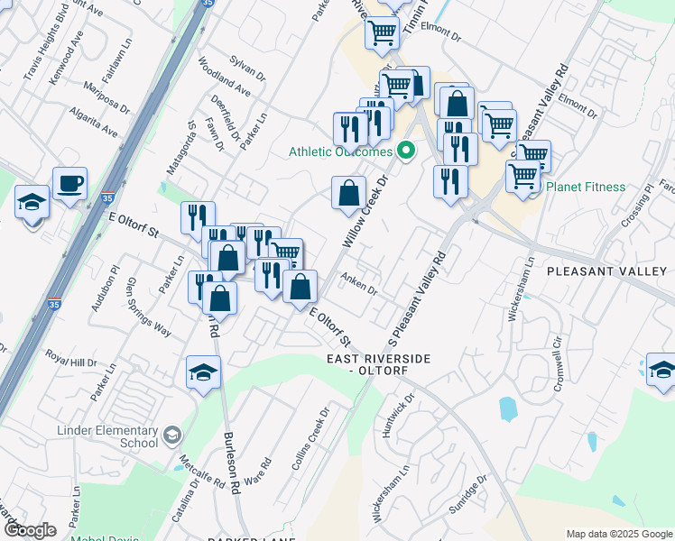 map of restaurants, bars, coffee shops, grocery stores, and more near 2201 Willow Creek Drive in Austin