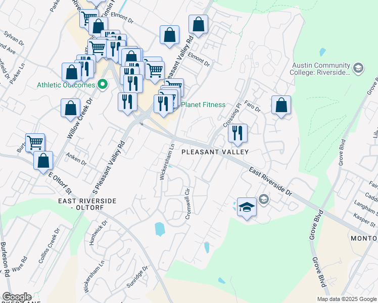 map of restaurants, bars, coffee shops, grocery stores, and more near 4711 East Riverside Drive in Austin