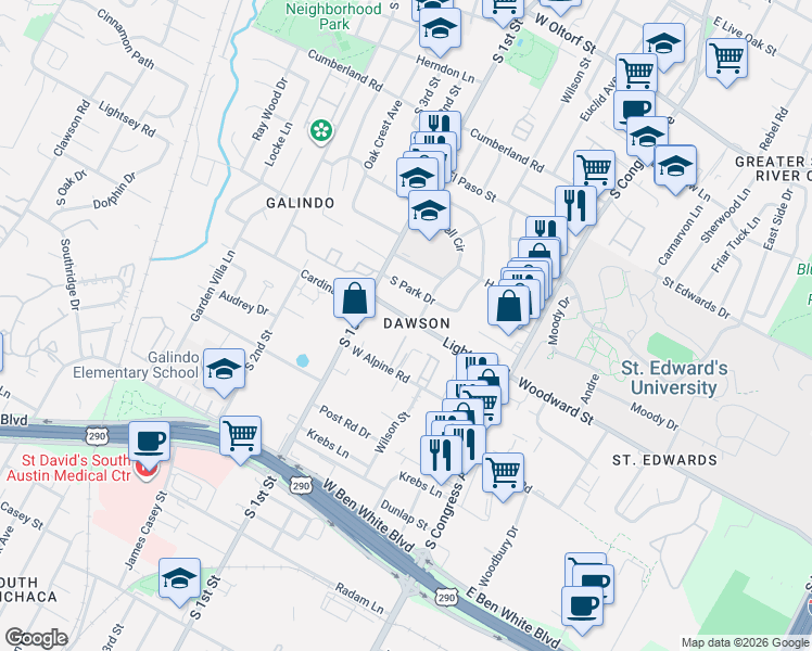 map of restaurants, bars, coffee shops, grocery stores, and more near 503 Lightsey Road in Austin
