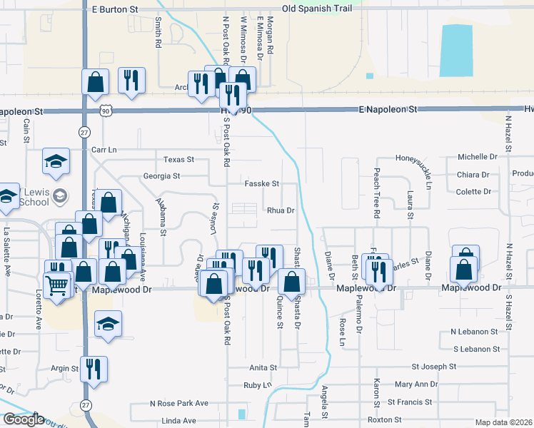 map of restaurants, bars, coffee shops, grocery stores, and more near 2505 Rhua Drive in Sulphur