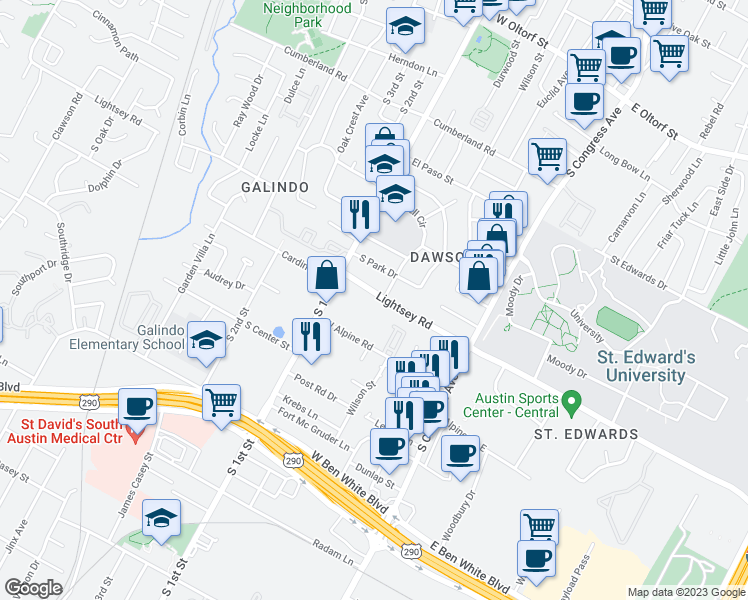 map of restaurants, bars, coffee shops, grocery stores, and more near 503 Lightsey Road in Austin