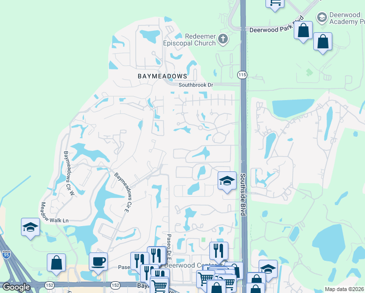 map of restaurants, bars, coffee shops, grocery stores, and more near 7740 Southside Boulevard in Jacksonville