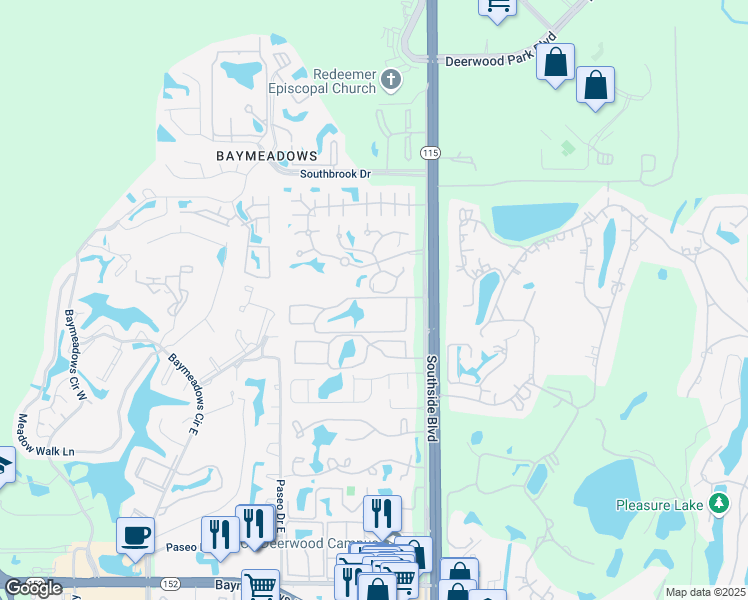 map of restaurants, bars, coffee shops, grocery stores, and more near 7740 Southside Boulevard in Jacksonville