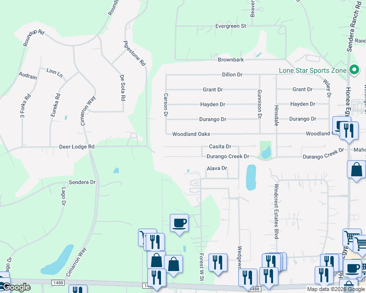 map of restaurants, bars, coffee shops, grocery stores, and more near 7483 Casita Drive in Magnolia