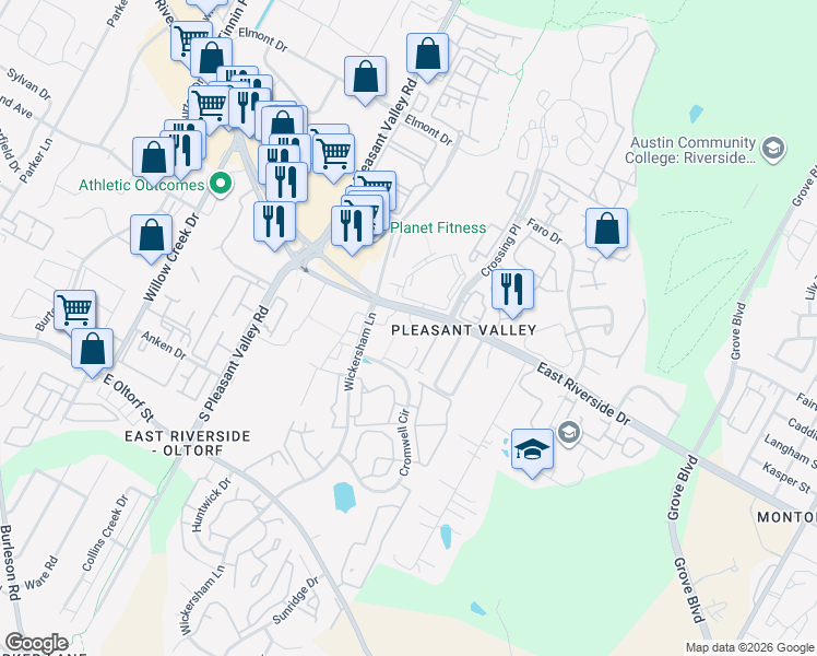 map of restaurants, bars, coffee shops, grocery stores, and more near 4711 East Riverside Drive in Austin
