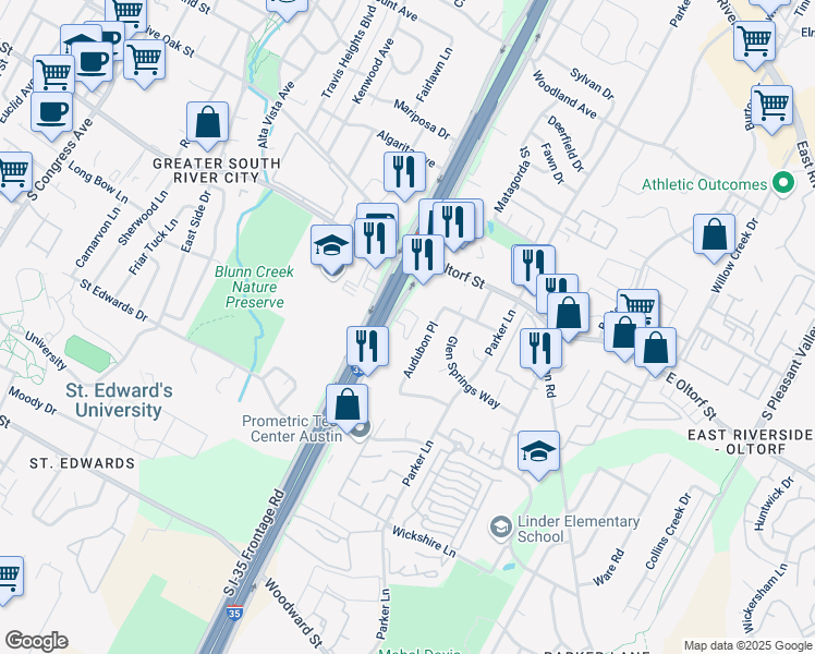 map of restaurants, bars, coffee shops, grocery stores, and more near 2501 Interstate 35 in Austin