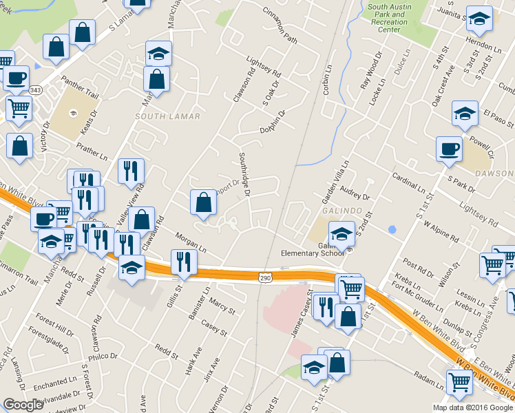 map of restaurants, bars, coffee shops, grocery stores, and more near 3806 Southridge Drive in Austin
