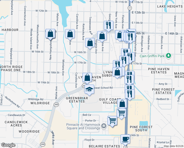 map of restaurants, bars, coffee shops, grocery stores, and more near 1805 Tennessee Avenue in Lynn Haven