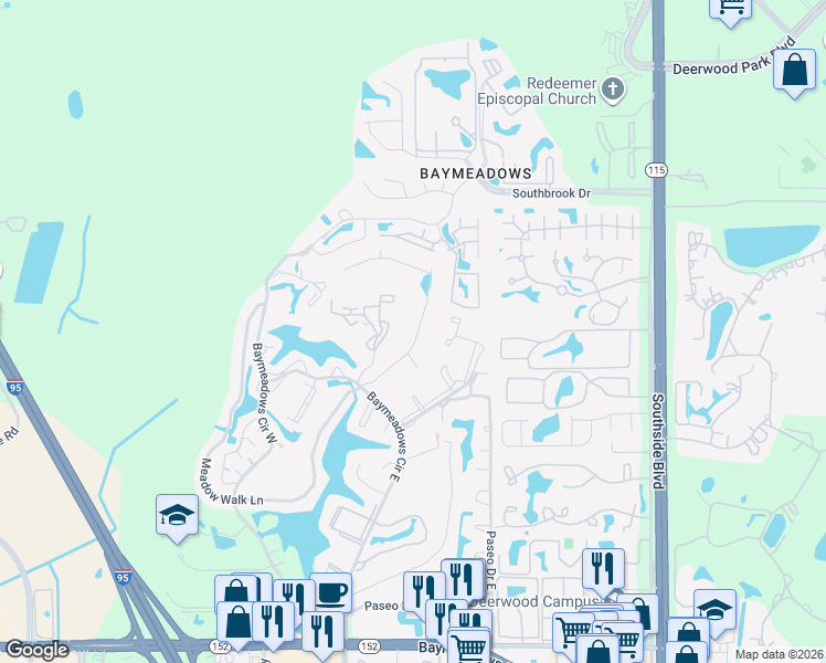 map of restaurants, bars, coffee shops, grocery stores, and more near 7707 Legacy Trail in Jacksonville