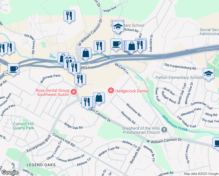 map of restaurants, bars, coffee shops, grocery stores, and more near 5920 West William Cannon Drive in Austin