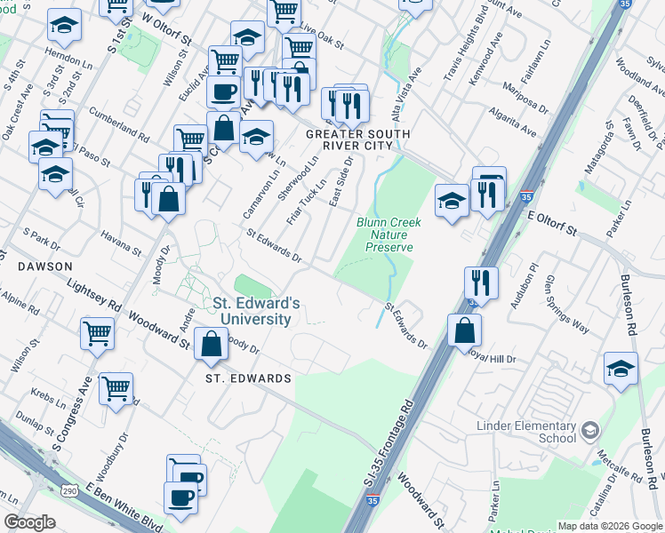 map of restaurants, bars, coffee shops, grocery stores, and more near 2713 Little John Lane in Austin