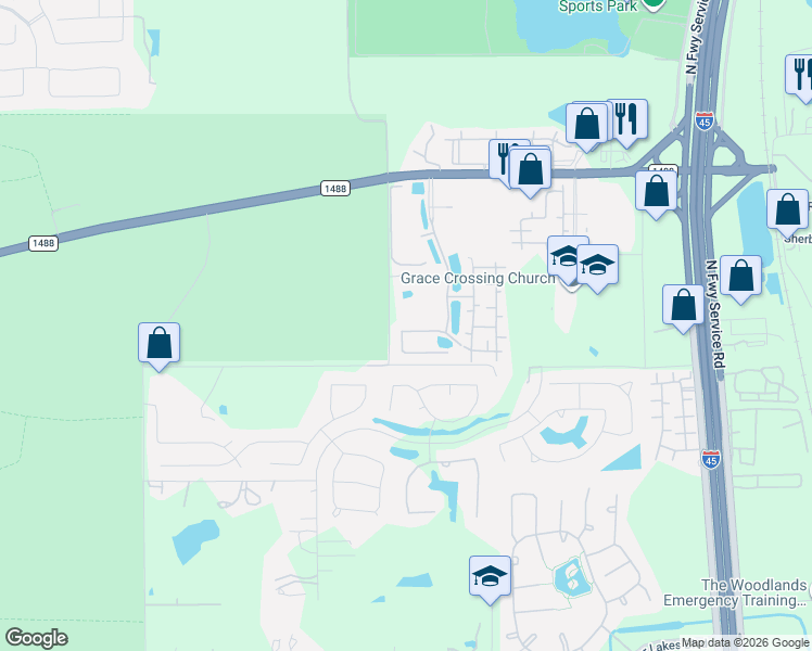 map of restaurants, bars, coffee shops, grocery stores, and more near 15458 Mansion Woodland Drive in Conroe