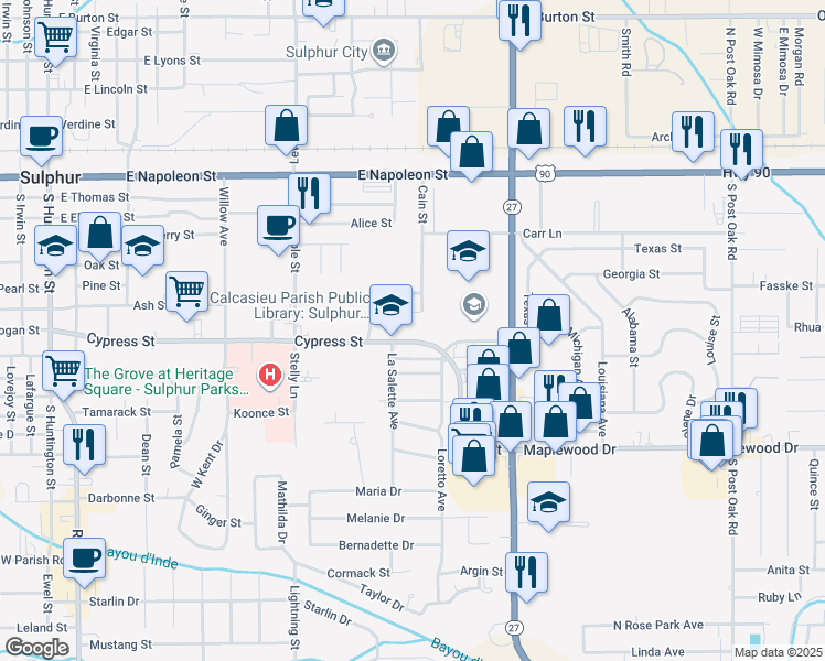map of restaurants, bars, coffee shops, grocery stores, and more near 1412 Cypress Street in Sulphur