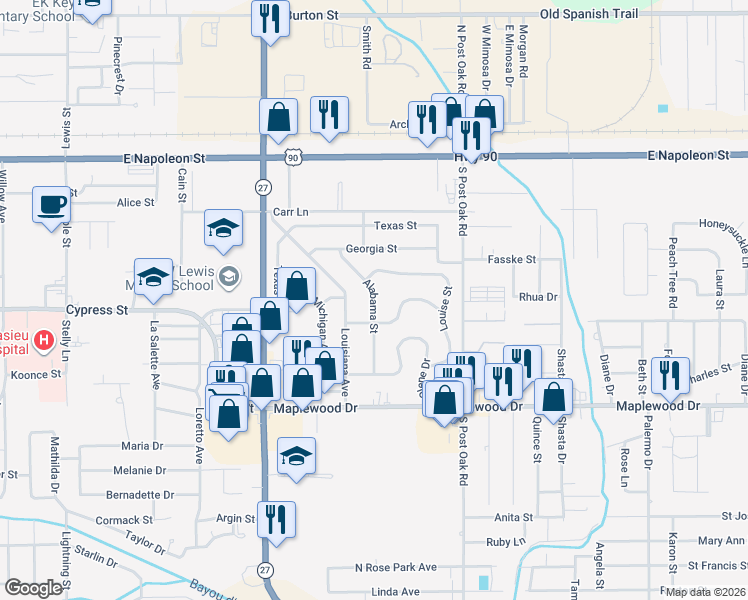 map of restaurants, bars, coffee shops, grocery stores, and more near 622 Alabama Street in Sulphur
