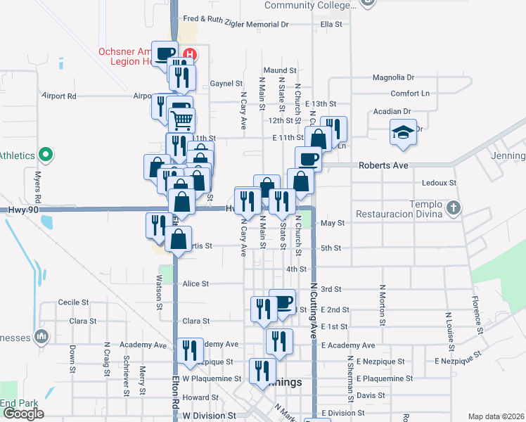 map of restaurants, bars, coffee shops, grocery stores, and more near 103 East Shankland Avenue in Jennings