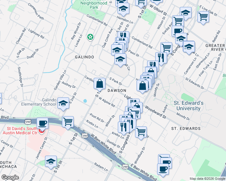 map of restaurants, bars, coffee shops, grocery stores, and more near 505 Lightsey Road in Austin