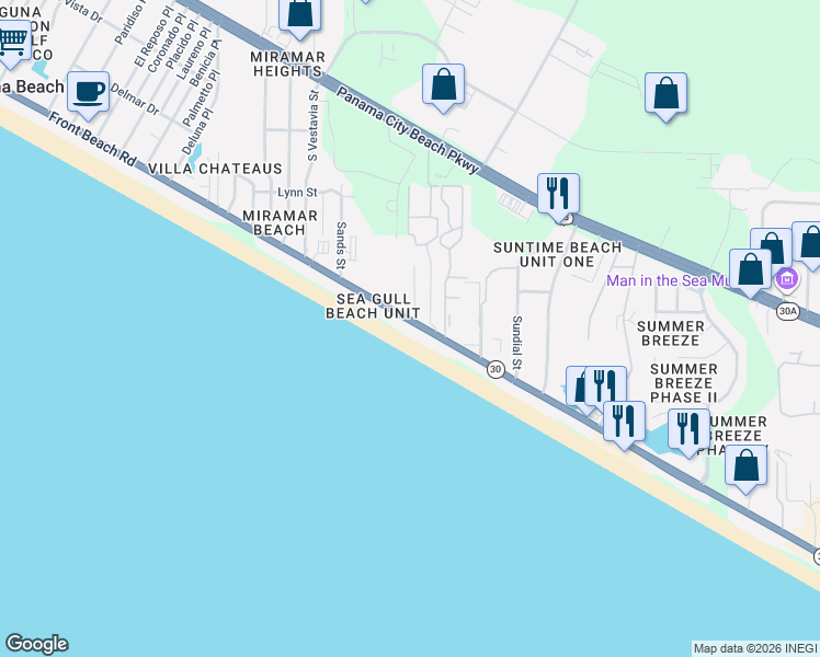 map of restaurants, bars, coffee shops, grocery stores, and more near 17643 Front Beach Road in Panama City Beach