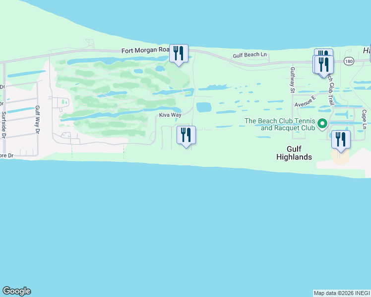 map of restaurants, bars, coffee shops, grocery stores, and more near 375 Plantation Lane in Gulf Shores