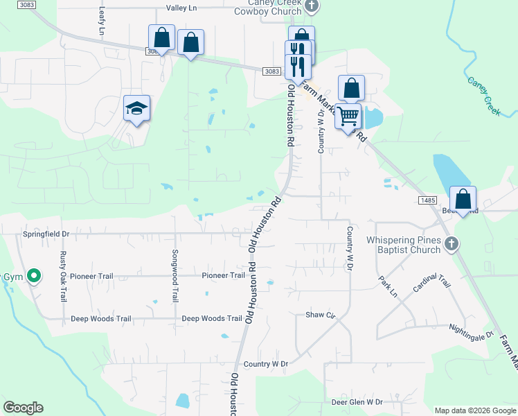 map of restaurants, bars, coffee shops, grocery stores, and more near 15024 Old Houston Road in Conroe