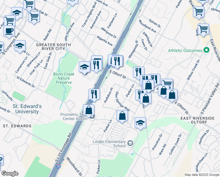 map of restaurants, bars, coffee shops, grocery stores, and more near 2410 Glen Springs Way in Austin