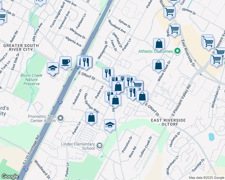 map of restaurants, bars, coffee shops, grocery stores, and more near East Oltorf Street & Burleson Road in Austin