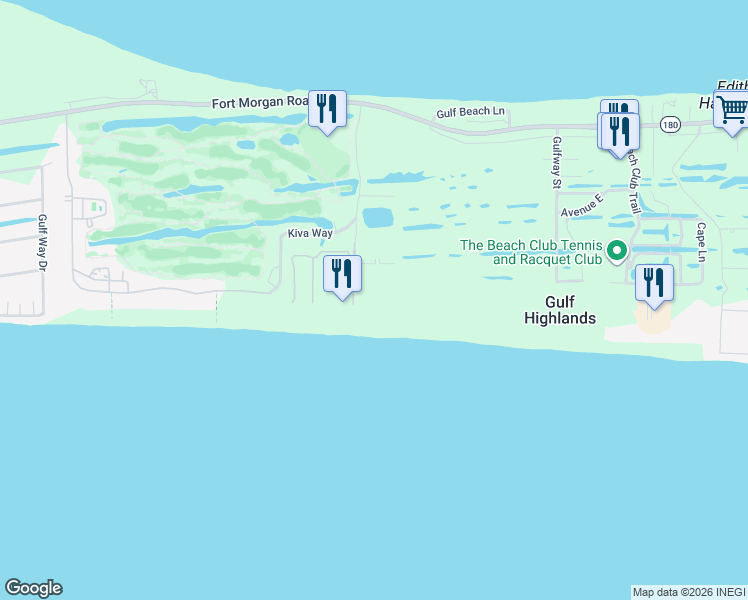 map of restaurants, bars, coffee shops, grocery stores, and more near 400 Plantation Road in Gulf Shores