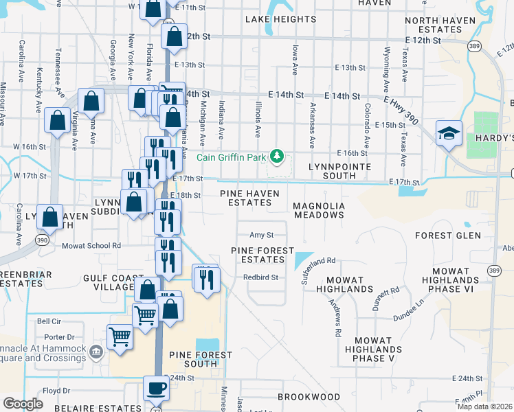 map of restaurants, bars, coffee shops, grocery stores, and more near 608 East Pine Forest Drive in Lynn Haven
