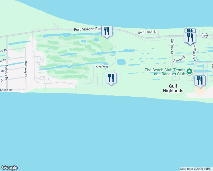 map of restaurants, bars, coffee shops, grocery stores, and more near 375 Plantation Lane in Gulf Shores