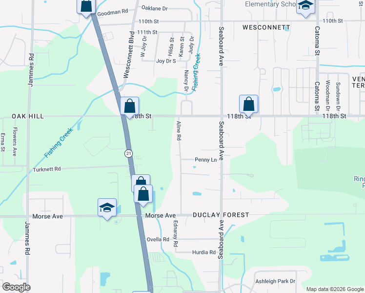 map of restaurants, bars, coffee shops, grocery stores, and more near 5837 Penny Lane in Jacksonville