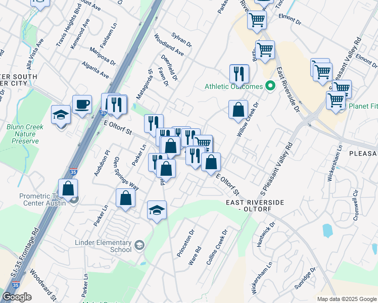 map of restaurants, bars, coffee shops, grocery stores, and more near 1998 East Oltorf Street in Austin