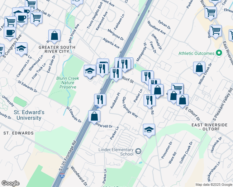 map of restaurants, bars, coffee shops, grocery stores, and more near 2410 Glen Springs Way in Austin