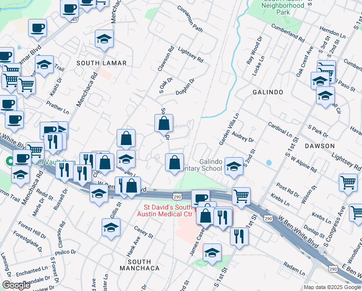 map of restaurants, bars, coffee shops, grocery stores, and more near 1 Southway Drive in Austin