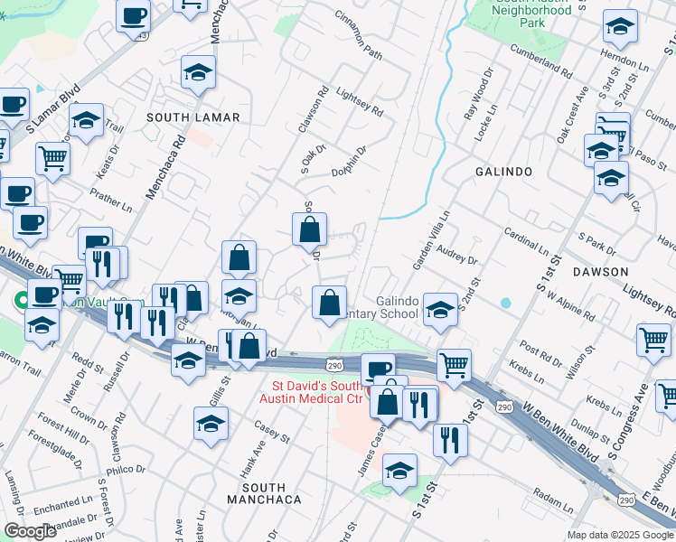 map of restaurants, bars, coffee shops, grocery stores, and more near 1 Southway Drive in Austin