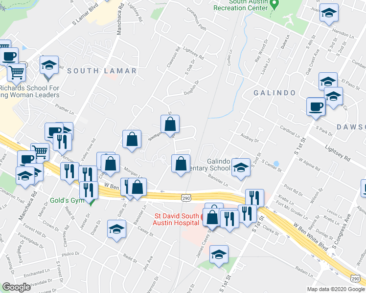 map of restaurants, bars, coffee shops, grocery stores, and more near 1 Southway Drive in Austin