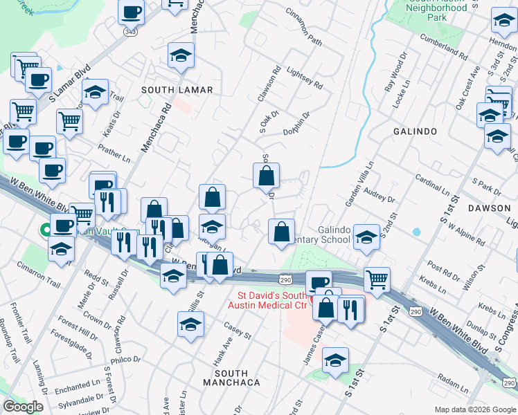 map of restaurants, bars, coffee shops, grocery stores, and more near 3808 Southridge Drive in Austin