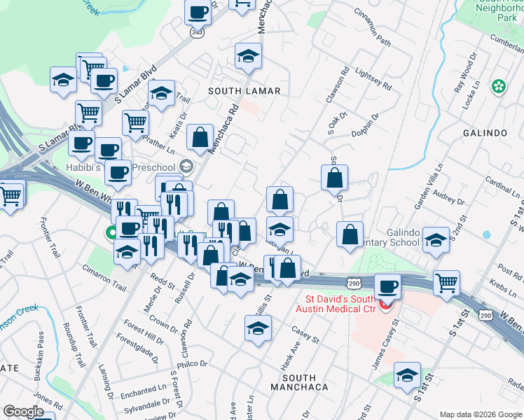 map of restaurants, bars, coffee shops, grocery stores, and more near 4009 Clawson Road in Austin