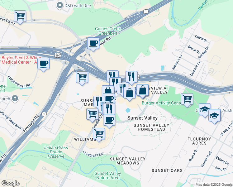 map of restaurants, bars, coffee shops, grocery stores, and more near 5203b Brodie Lane in Sunset Valley