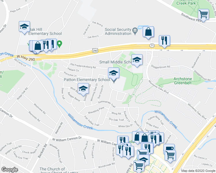 map of restaurants, bars, coffee shops, grocery stores, and more near 6102 Hill Forest Drive in Austin