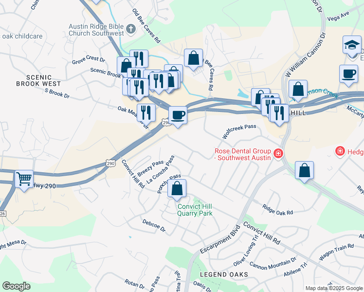 map of restaurants, bars, coffee shops, grocery stores, and more near 6701 Wolfcreek Pass in Austin