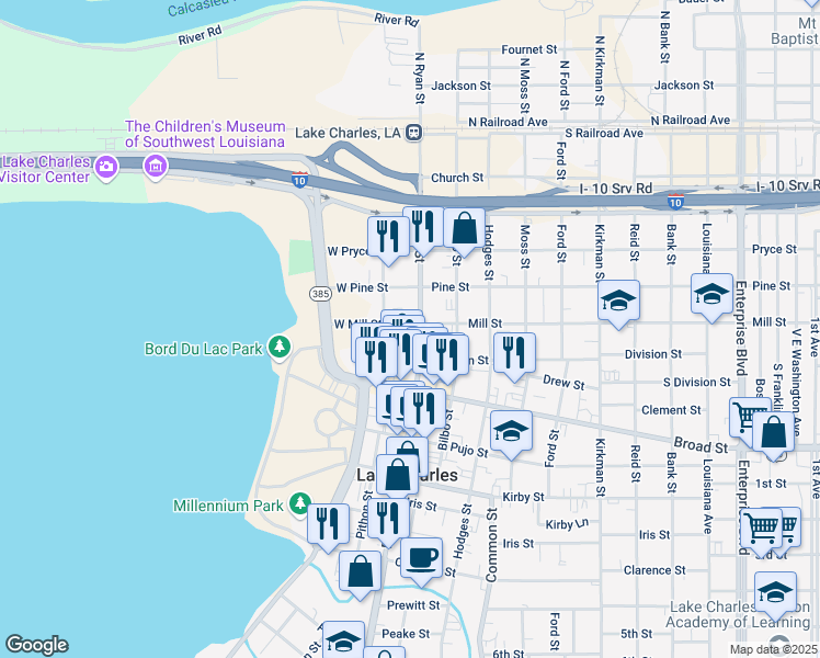 map of restaurants, bars, coffee shops, grocery stores, and more near 600 Ryan Street in Lake Charles