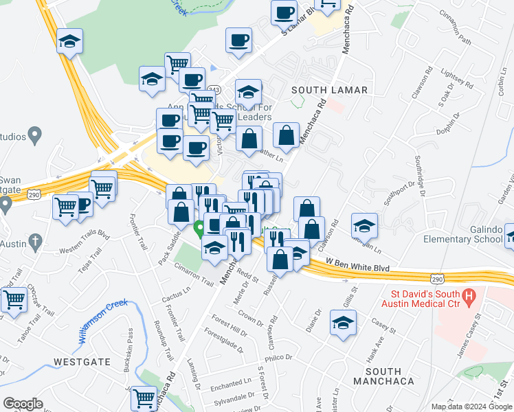 map of restaurants, bars, coffee shops, grocery stores, and more near 4204 Manchaca Road in Austin