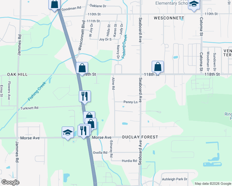map of restaurants, bars, coffee shops, grocery stores, and more near 5837 Penny Lane in Jacksonville